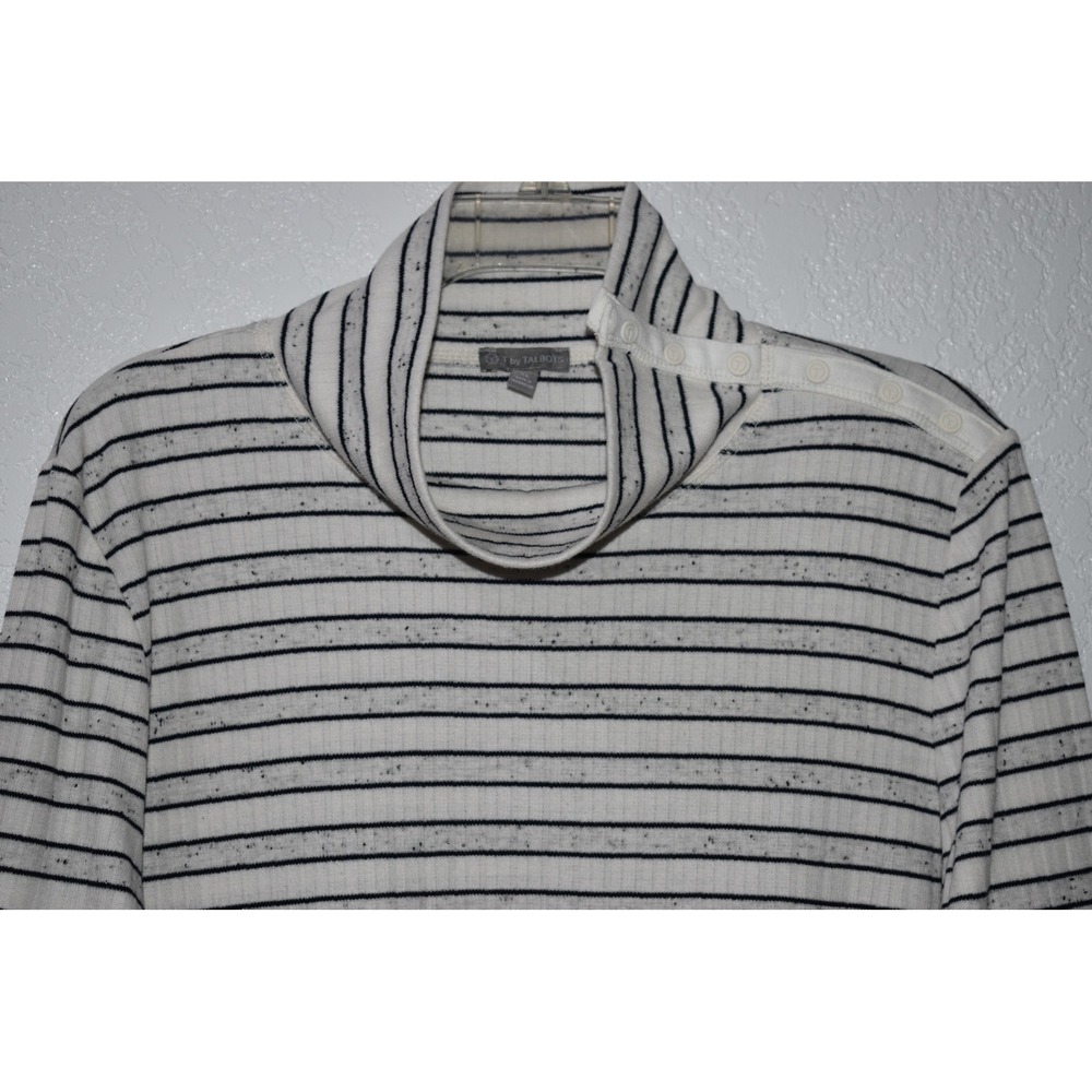 T by Talbots XL Funnel Neck Snap Shoulder Striped Ribbed Knit Top White